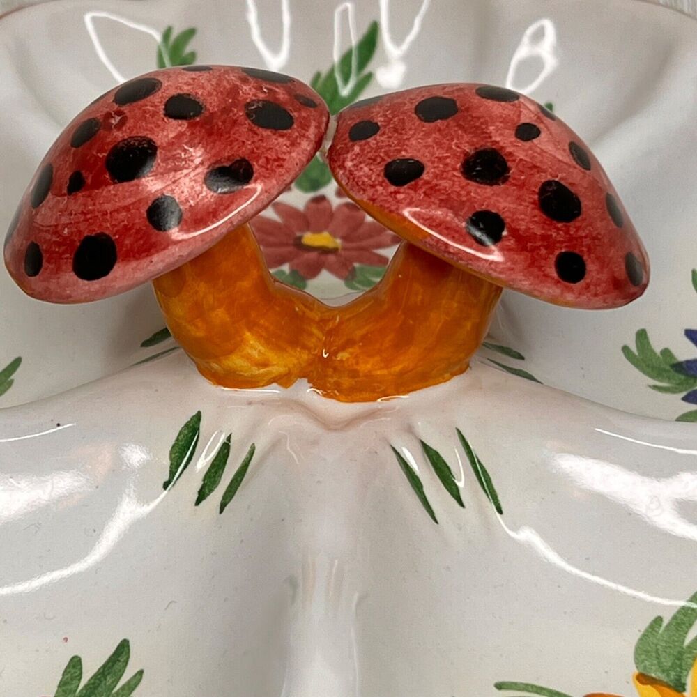 Vintage 60s Ceramic Divided Dish Hand Painted  Mushroom Center Floral Accents - Picture 3 of 9